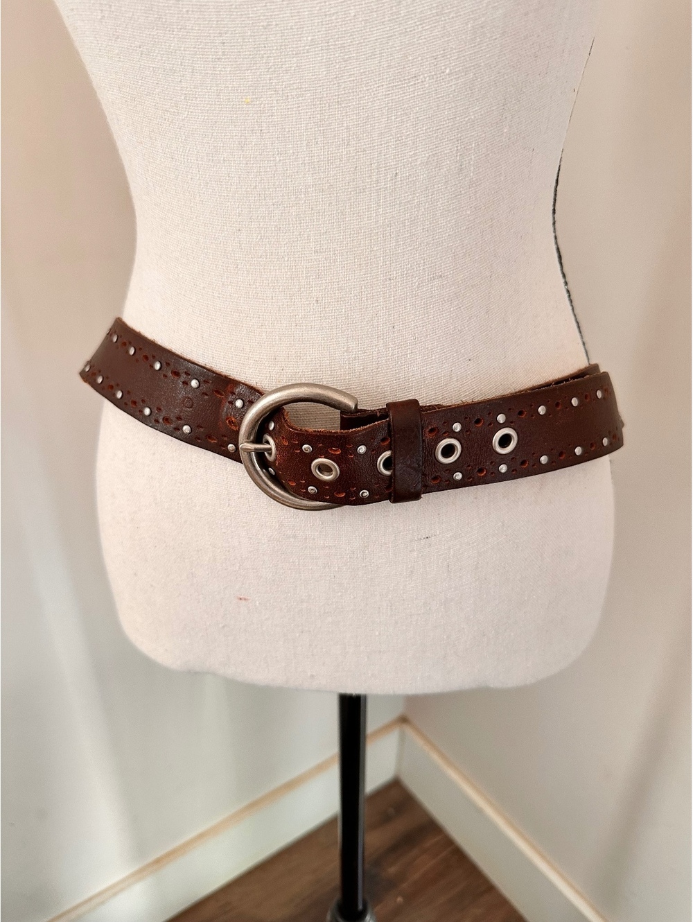 Brown Leather Belt with Silver Eyelets and Round Buckle, Approximately 42 Inches